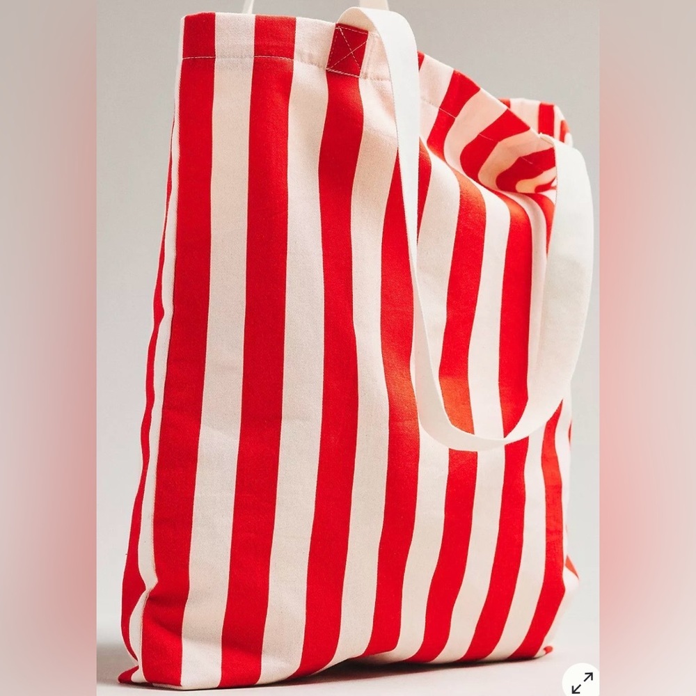 Anthropologie Red White Printed Beaded Canvas Tote Bag - Picture 4 of 4